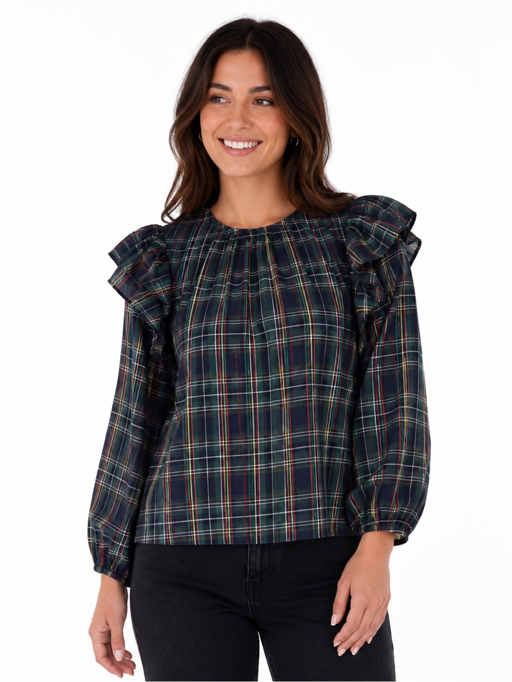 EUC Entro Size Medium Dark Green‎ Plaid Ruffle Sleeve Blouse